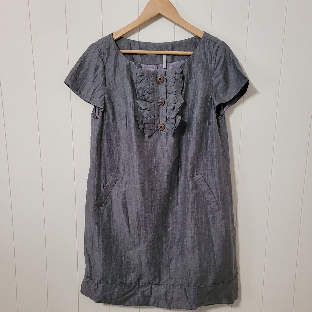 Womens Linen Blend Chambray Dress Size Medium Ruffled Minimalist Summer